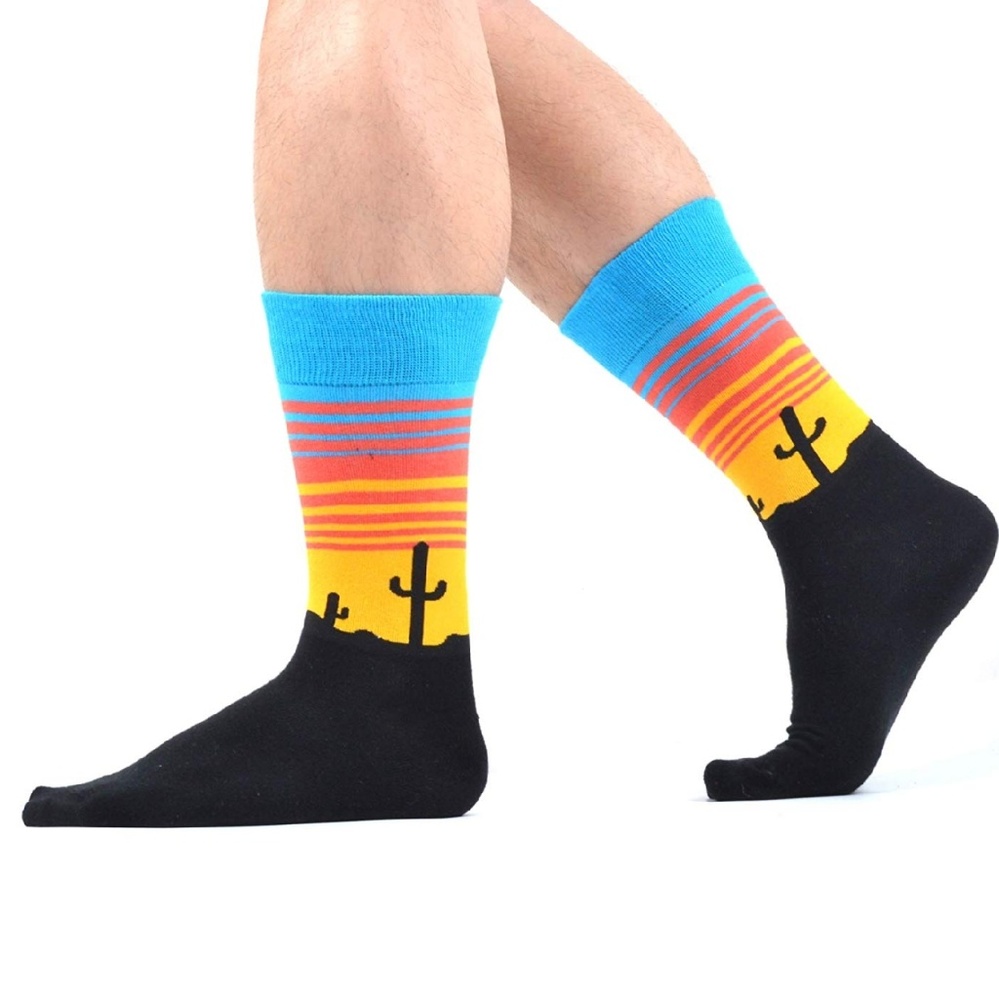Mens Novelty Desert Cactus Cotton Crew Socks Black - Picture 5 of 5